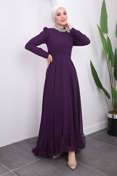İmajButik Βραδινό φόρεμα με πέτρινη λεπτομέρεια μωβ γιακά με κορδόνια