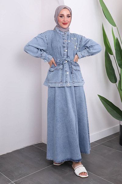 İmajButik طقم سترة وتنورة من الدنيم بتفاصيل حجر أزرق فاتح