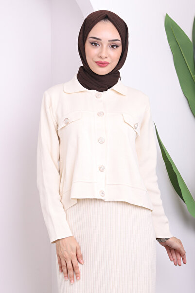 İmajButik Κρεμ Crop Jacket Φόρεμα Διπλό Σετ Πλεκτό Συνδυασμού