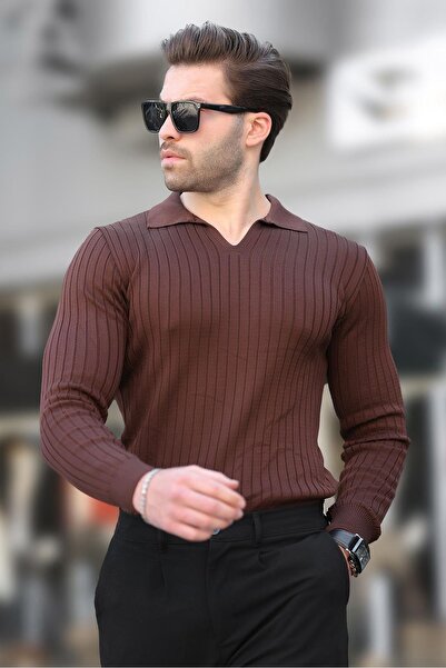 Madmext Kahverengi Polo Yaka Çizgili Uzun Kollu Erkek Kazak 7289