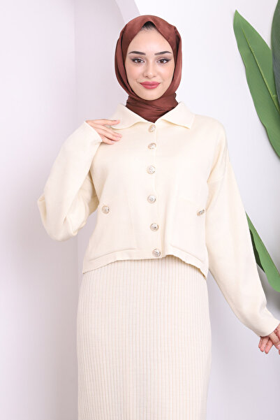 İmajButik Cream Crop Cardigan Knitwear Dress Double Combination