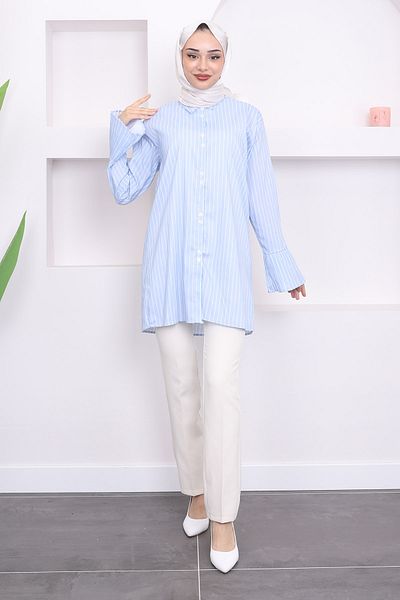 İmajButik Blue Striped Baby Tunic - Buttoned and Sleeve Pleated