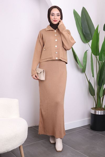 İmajButik Μπισκότα Crop Ζακέτα Πλεκτά Φόρεμα Διπλός Συνδυασμός