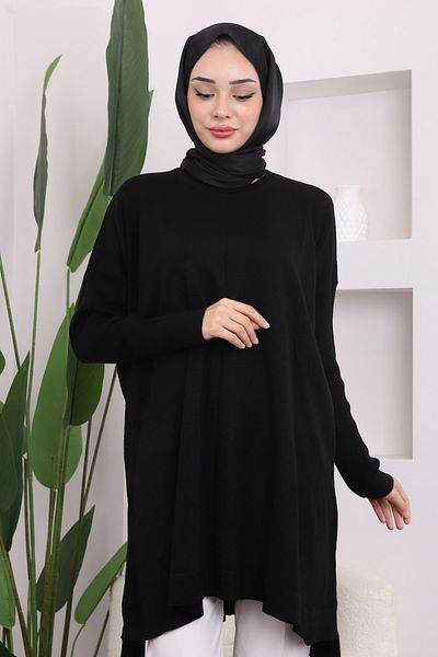 İmajButik Μαύρο Crew Neck Mercerized Casual Knitwear Tunic