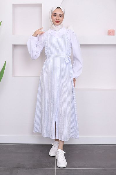 İmajButik Φόρεμα Gilet - με λεπτομέρεια μπλε ρίγας και συνδυασμό πουκάμισου