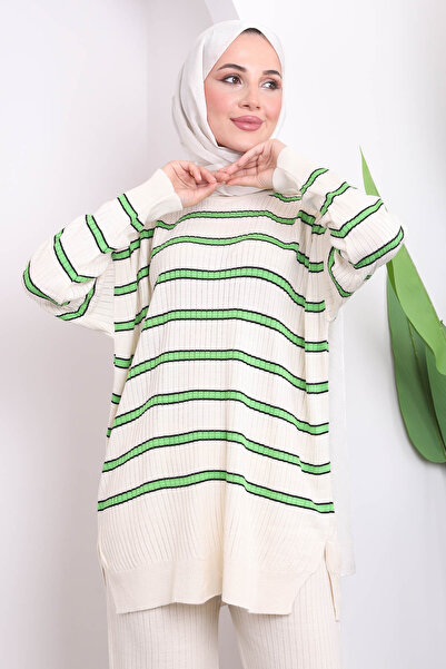 İmajButik Cream/Mint Striped Knitwear Tunic Trousers Set