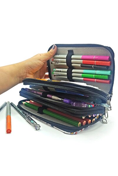 Limmy Pencil Case Car Patterned Kawai Organizer Pencil Case Vegan Leather Three Compartment Pen Holder - Black