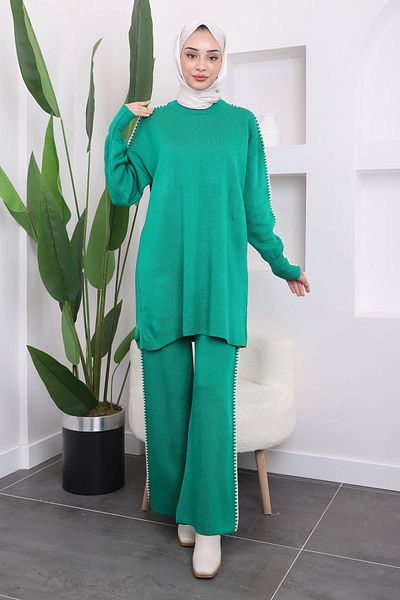 İmajButik Πλεκτό παντελόνι πράσινο Shepherd's Stitch Tunic Σετ