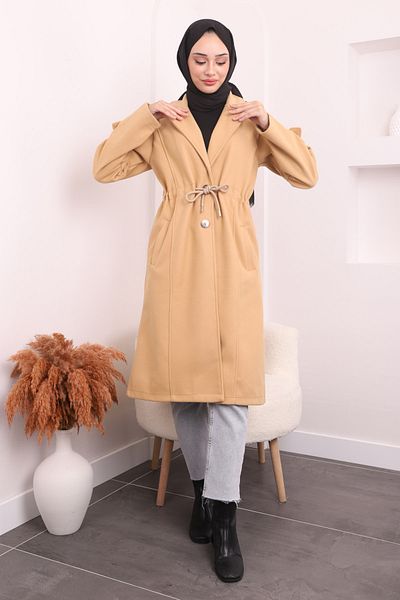 İmajButik Σκούρο μπεζ παλτό με γραβάτα στη μέση