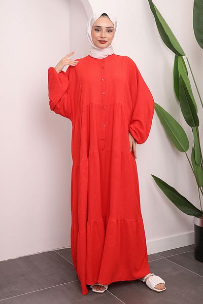 İmajButik Μοτίβο λουλουδιών ροδιού - Φαρδύ φόρεμα με κλιμακωτή φούστα και ελαστικά μανίκια