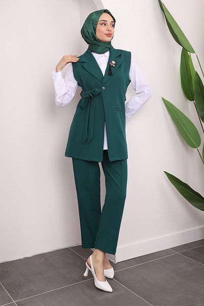 İmajButik Emerald Green Bronchied Vest and Shirt - Pants Set