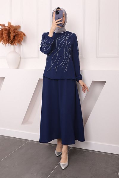 İmajButik Dark Blue Skirt Set with Front Sleeve Detail