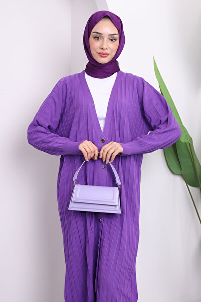 İmajButik Purple Buttoned Long Knitwear Mercerized Cardigan