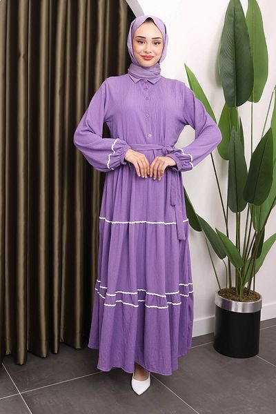 İmajButik Φόρεμα Λιλά Περιτυλιγμένο με Φούστα και Ρίγα - Λάστιχο Μανίκι
