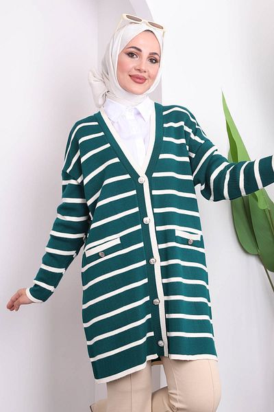 İmajButik Σμαραγδένια Πράσινη Ζακέτα με ριγέ μακριά πλεκτά