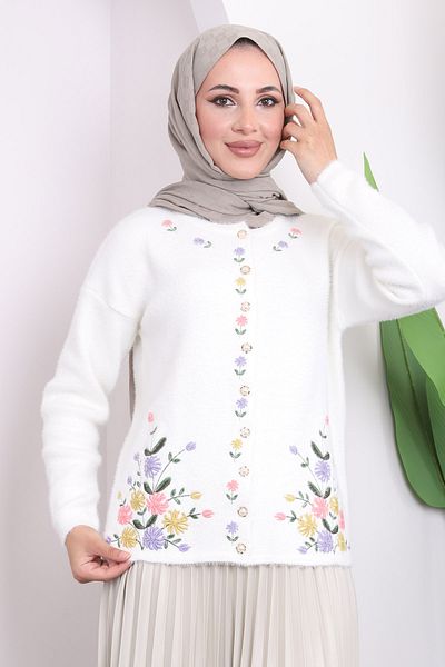 İmajButik Ecru Embroidered Beard Knitwear Cardigan