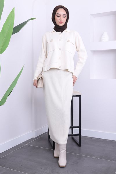 İmajButik Σετ Πλεκτό με Κρεμ Ζακέτα Φούστα