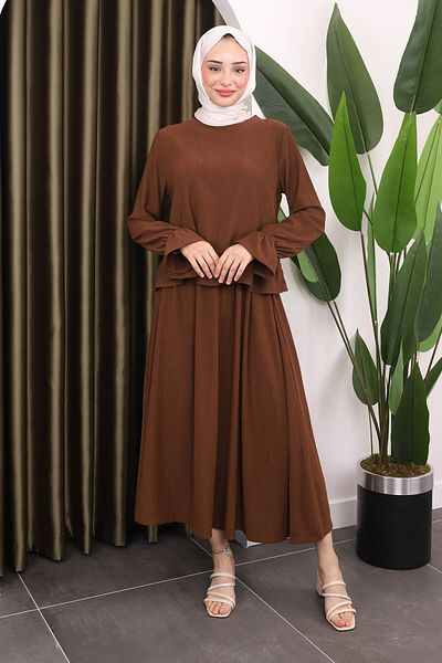 İmajButik Καφέ Σετ μπλούζα και φούστα - Λεπτομέρεια μανίκι
