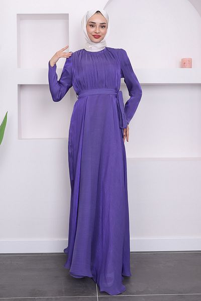 İmajButik Βραδινό φόρεμα με πλισέ μωβ φύλλο μπροστά