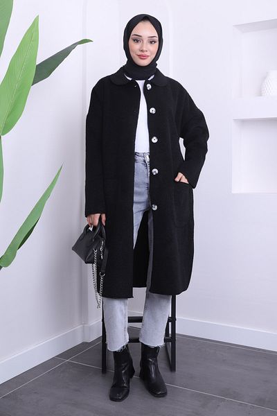 İmajButik Palton oversize cu nasturi angora negru