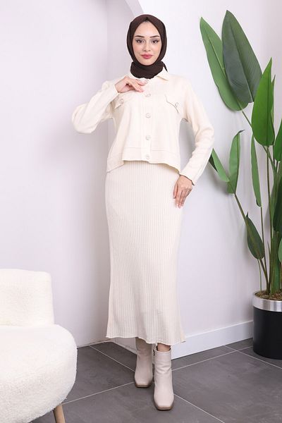 İmajButik Κρεμ Crop Jacket Φόρεμα Διπλό Σετ Πλεκτό Συνδυασμού