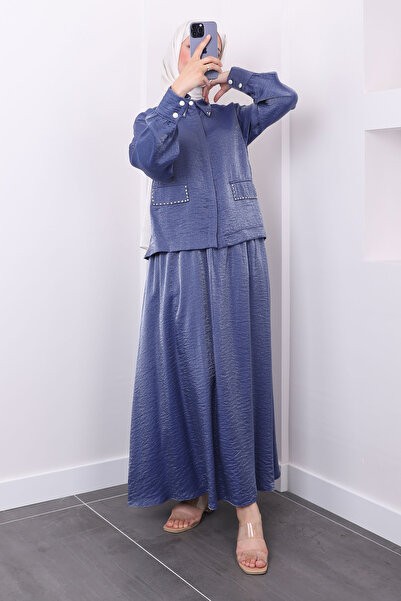 İmajButik Indigo Shirt and Skirt Set - Stone Detailed