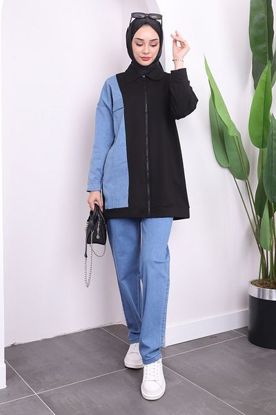 İmajButik Black Zippered Jeans Detailed Trousers Suit