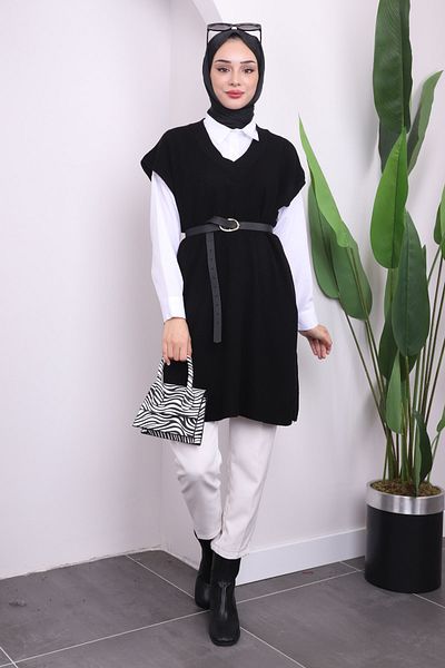 İmajButik Black V-Neck Slit Selanik Knitwear Sweater