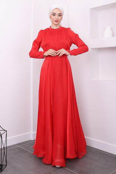 İmajButik Belted Red Front Pleated Evening Dress