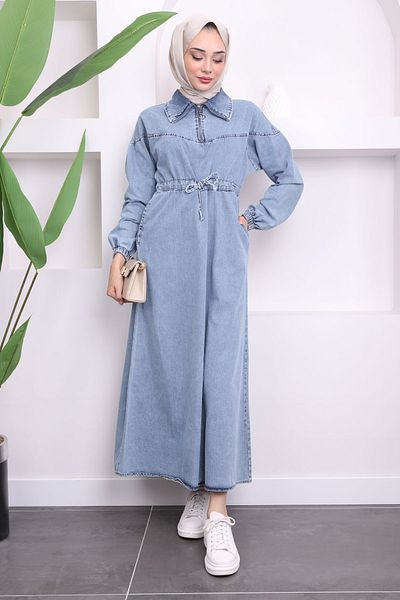 İmajButik Blue Waist Drawstring Pocket Denim Dress