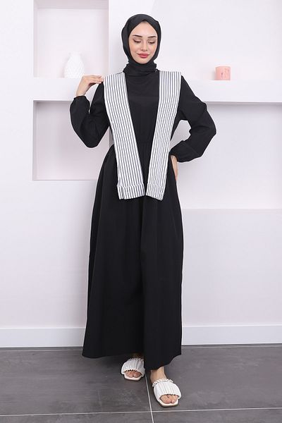İmajButik Μαύρο φόρεμα με ελαστική μέση και λεπτομέρεια γιακά