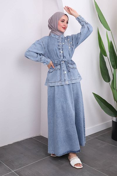 İmajButik طقم سترة وتنورة من الدنيم بتفاصيل حجر أزرق فاتح
