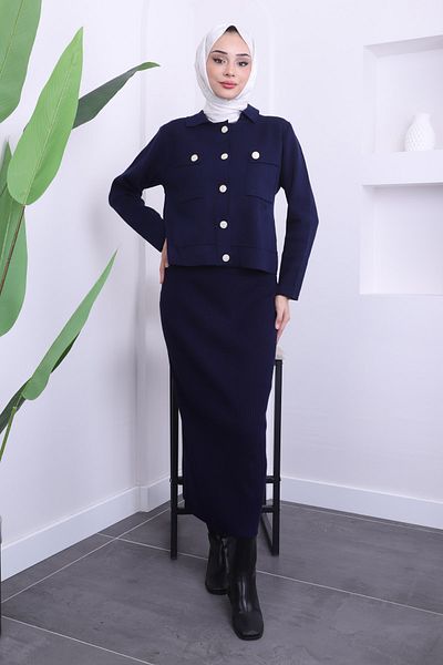 İmajButik Σετ πλεκτό με φούστα Navy Blue Crop Cardigan