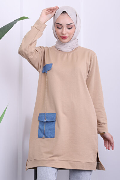 İmajButik Mink Denim Detailed Crew Neck Two Thread Tunic