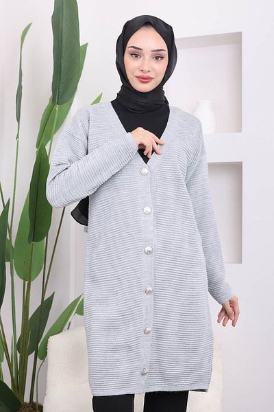 İmajButik Gray Buttoned Waffle Knitwear Cardigan