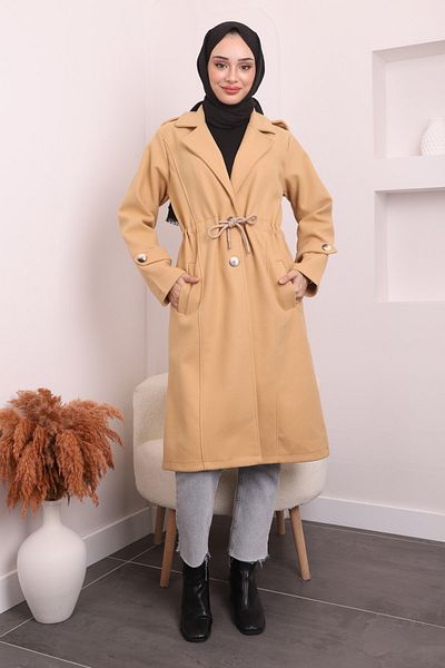 İmajButik Σκούρο μπεζ παλτό με γραβάτα στη μέση