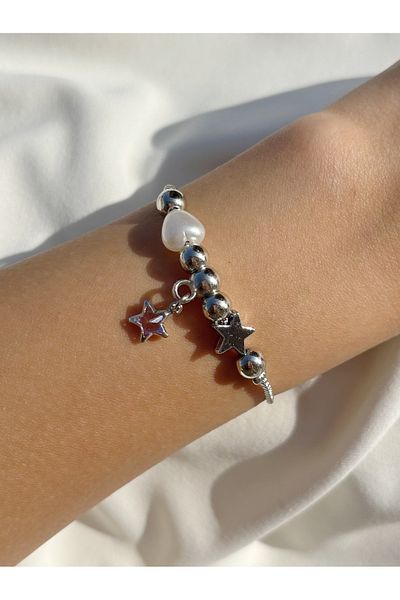 Eylülün Takısı Women's Silver Color Dangle Pink Star Pearl Bead Bracelet