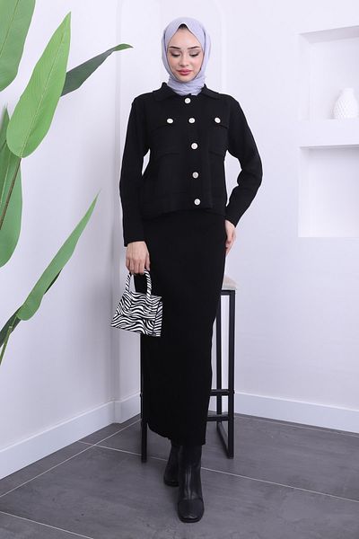 İmajButik Black Crop Cardigan Skirt Knitwear Set