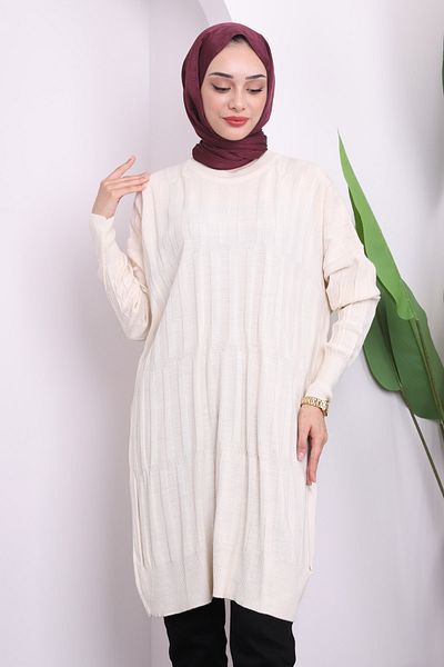 İmajButik Κρεμ Crew Neck Mercerized Casual Knitwear Tunic