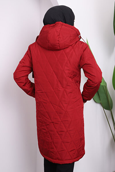İmajButik Claret Red Hooded Καπιτονέ πουπουλένιο παλτό με τσέπες