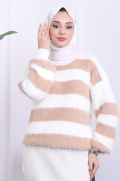 İmajButik Pulover Tiko cu barbă de pluș cu dungi albe/ nurcă