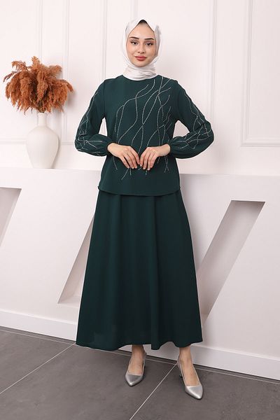 İmajButik Σετ Σμαραγδένια Πράσινη Φούστα - Λεπτομέρεια μπροστινό μανίκι
