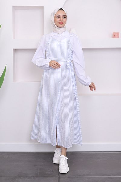 İmajButik Φόρεμα Gilet - με λεπτομέρεια μπλε ρίγας και συνδυασμό πουκάμισου
