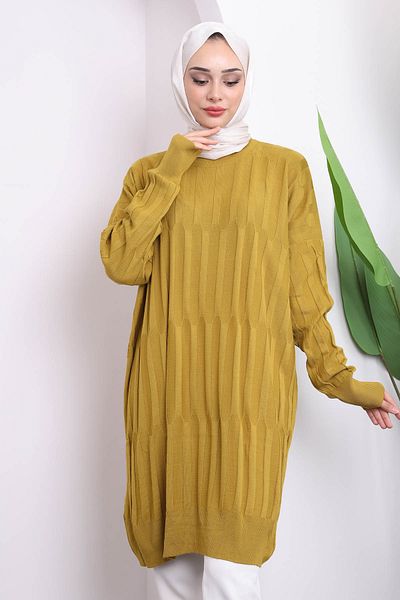 İmajButik Oil Green Crew Neck Mercerized Casual Knitwear Tunic