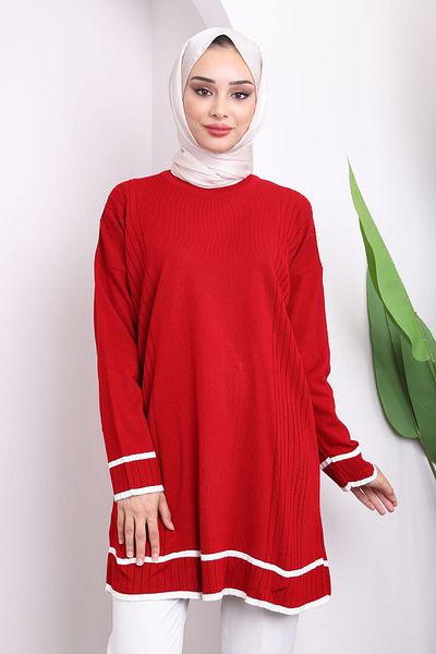 İmajButik سترة تريكو كاجوال مرسيريزد ذات رقبة دائرية حمراء