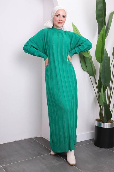 İmajButik Πράσινο Πλεκτό Φόρεμα Mercerized με γιακά