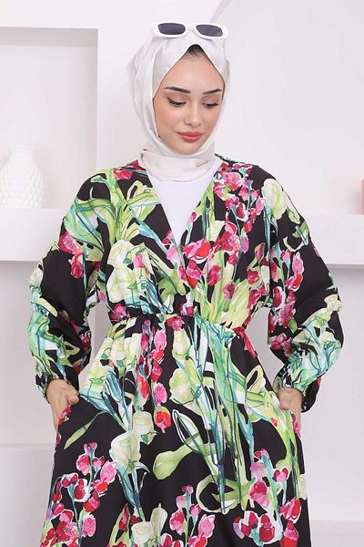 İmajButik Patterned Black/fuchsia Dress - Sleeve and Waist Elastic