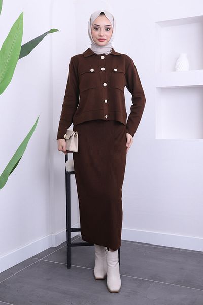 İmajButik Καφέ Crop Ζακέτα Πλεκτό Σετ