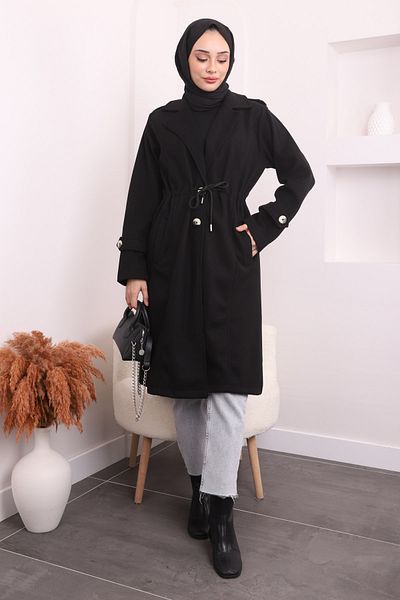 İmajButik Μαύρο παλτό με γραβάτα στη μέση
