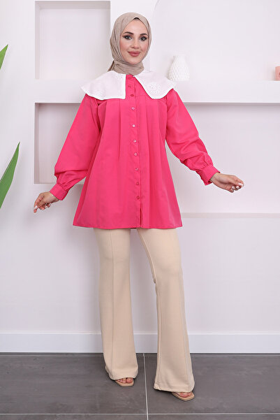 İmajButik Fuşya Bebe Yaka Güpürlü Gömlek